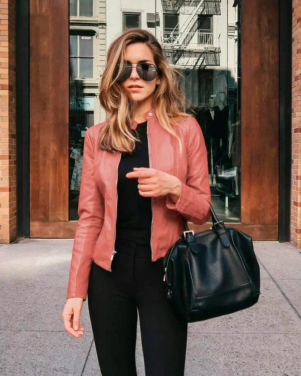 Jaqueta de couro feminina rosa