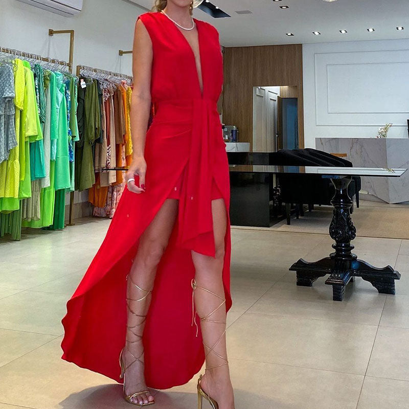 vestido midi com calda vermelho