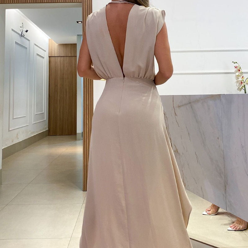vestido midi com calda khaki